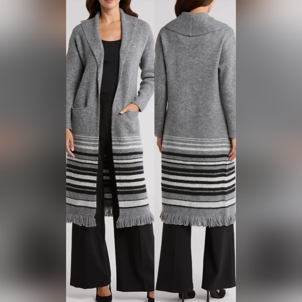 NWT Tahari Gray Striped Longline Blanket‎ Fringe Cardigan ~ Large